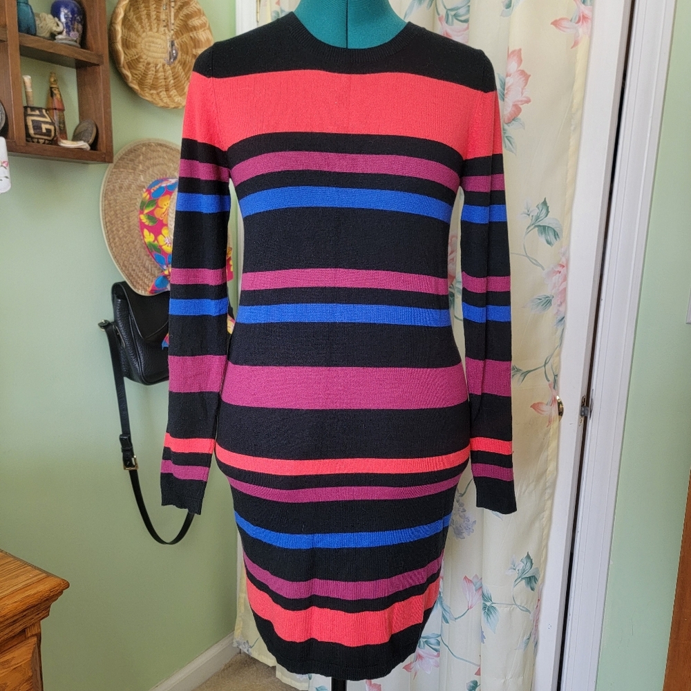 Merona striped sweater dress - black, coral, pink, blue - size S
